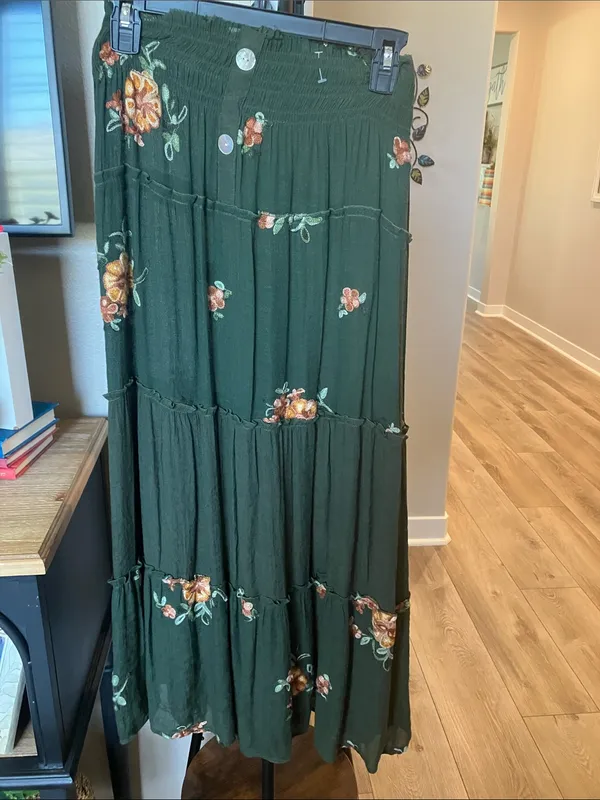 Olive Green embroidered Floral Tiered Maxi distressed waist smocked Skirt - Image 2