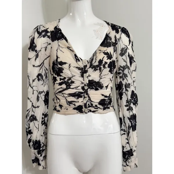 Free People Women’s Floral Ruched Crop Top Boho Cottagecore Fairycore Blouse XS - Image 2
