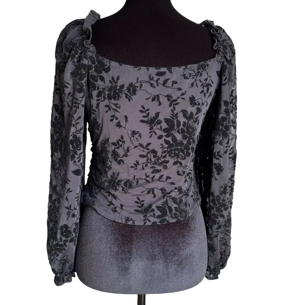 Black‎ Velvet Burnout Ruched Mesh Top Sweetheart Neck Whimsigoth Sheer Steampunk - Image 2