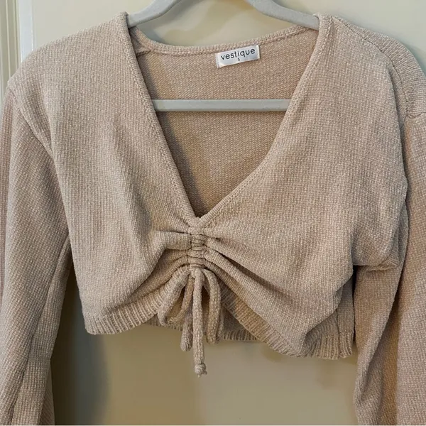 Vestique Boutique Cropped Tie V-neck Cinched Tan Sweater Women's Sz Small - Image 3