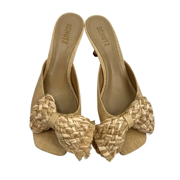 Schutz Lienne straw bow kitten heel tan sz 10‎ - Image 2