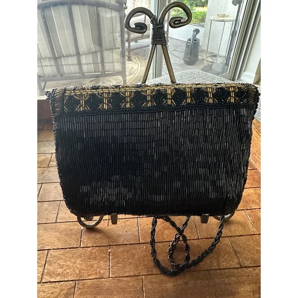 Vintage Beaded Evening Clutch Bag Black Gold Geometric Crossbody Formal PurseGUC - Image 7