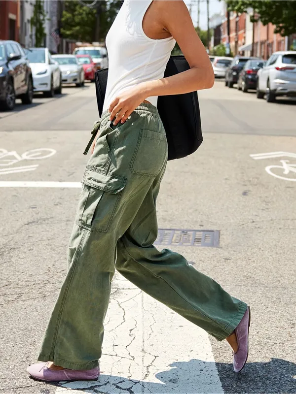 Aerie olive fun Village Cargo Pants jeans drawstring pockets wide leg mid rise - Image 3