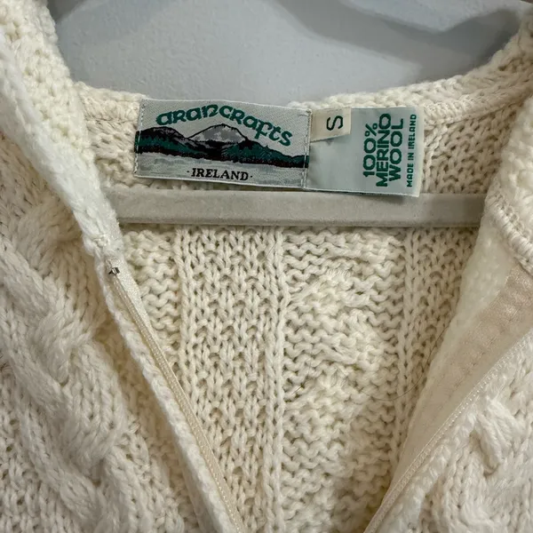 Aran Crafts 100% Merino Wool Chunky Cable Knit Hooded Sweater Zip Up Jac… - Image 6