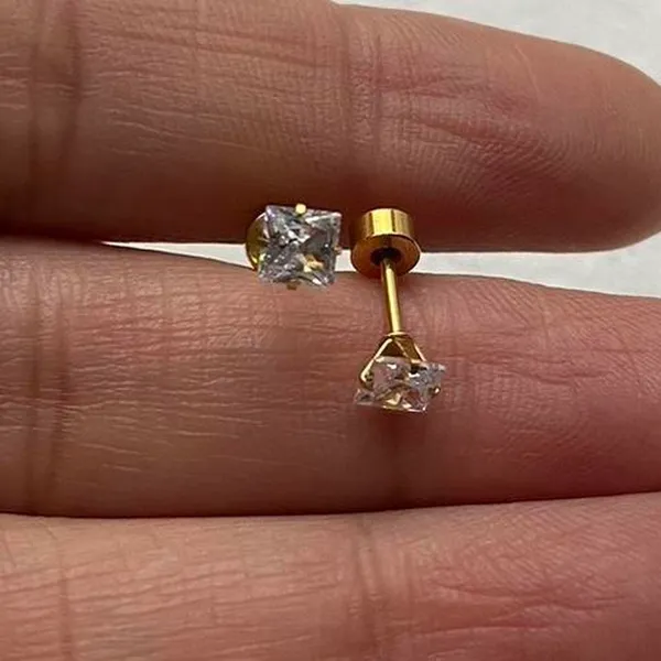 18k Gold plated Square White Crystal Zircon 4mm Stud Earrings - ERG-S - Image 2