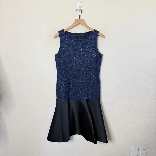 St John Navy Blue Sparkle‎ Tweed Two Tome Pep Hem Satin Skirt Flounce Size 6 - Image 2