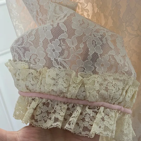Vintage Lady Irene Lace Ruffle Peignoir Robe L Ivory Pink Ribbon Nylon Nightgown - Image 4