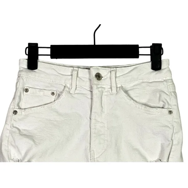 ZARA Cutoff Distressed Jean Shorts Raw Ripped Hem High Rise Pockets 2 White - Image 2