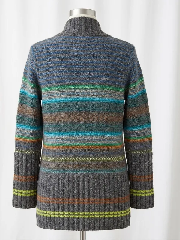 Free People Gray Striped Shawl-Collar Cardigan with Teal and Lime Accents - Image 2