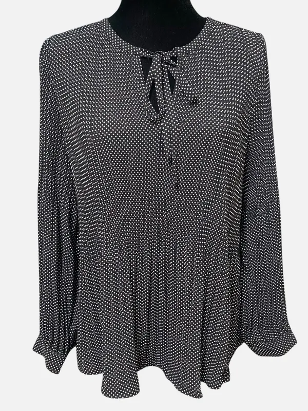 Adrianna Papell Black Polka Dot Tie Neck Pleated Blouse Retro Style Size Large - Image 2