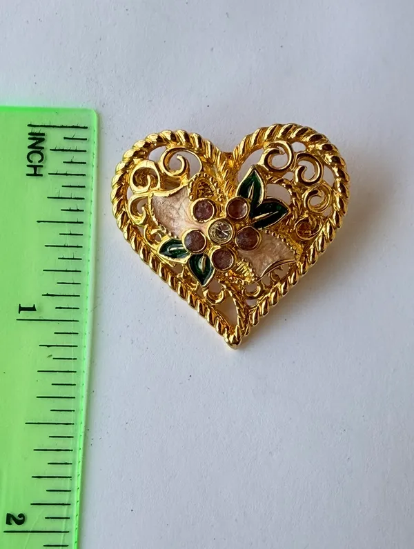 Vintage Gold Tone Heart Brooch I Love You Floral Enamel Rhinestone Pin - Image 3