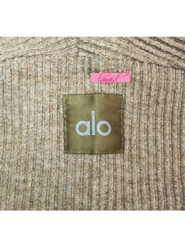 Alo Muse Hoodie Gravel Heather Tan Ribbed Stretchy Sweatshirt Sweater Pullover L - Image 13