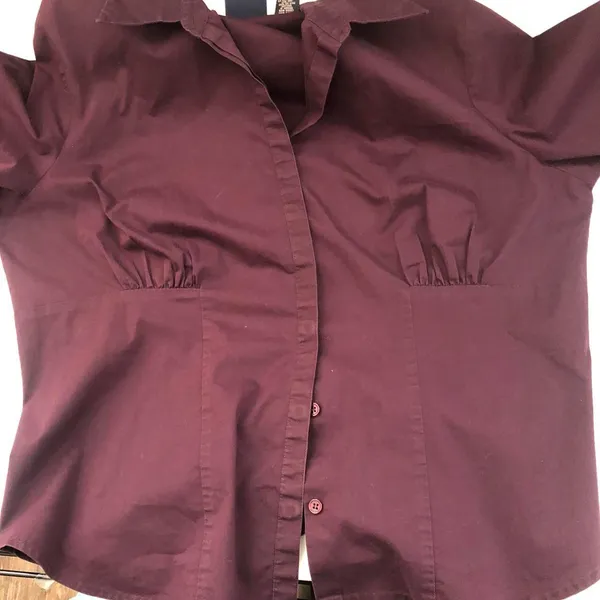 2000s Dark Purple Burgundy Hillard&Hanson button-up down office siren core shirt top blouse fitted corset waist ruched bust preppy dark academia #gothic - Image 4