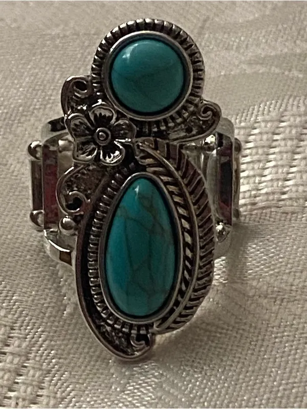 Womens Finger Ring Faux Turquoise Stones Silver Tone Metal Elastic Back Western - Image 9