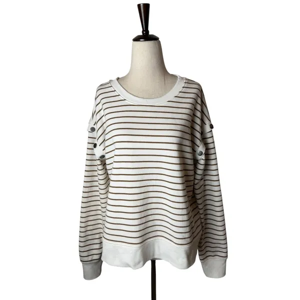 Evereve Striped Sweatshirt Women Medium Ivory Tan‎ Snap Detail Preppy Coastal - Image 2