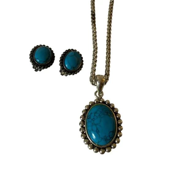 Vintage Faux Turquoise Necklace Clip On Earrings Set Southwestern Boho 18" - Image 2