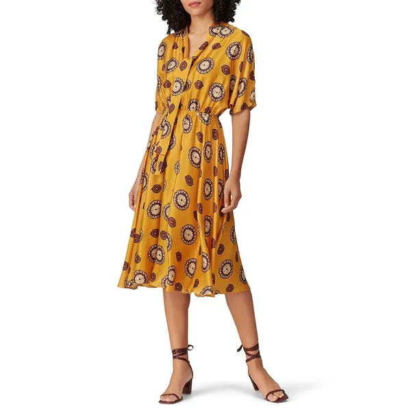 Nissa Marigold Medallion Print Silk Blend Short Sleeve A-Line Midi Dress Size 8 - Image 2