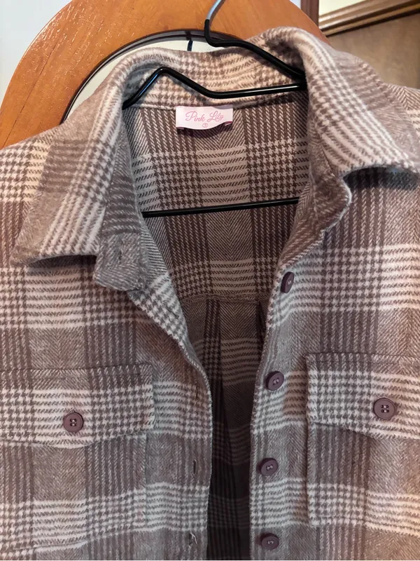 Pink Lily Brown and Cream Plaid Jacket- Women’s Size Small - Image 7