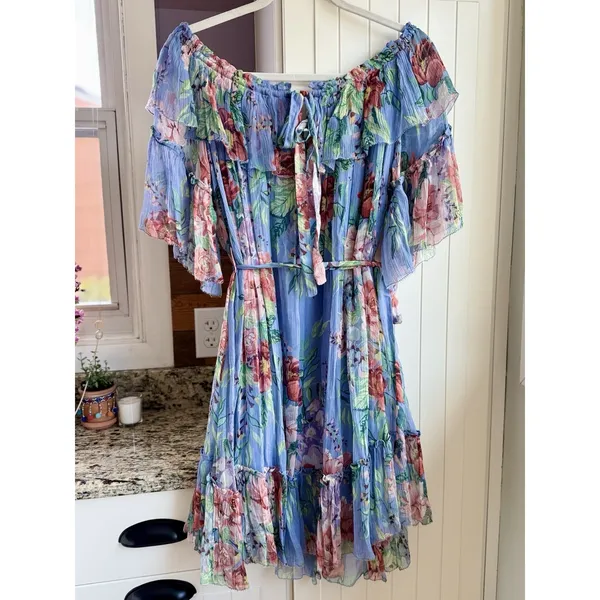 Zimmermann Winsome Sky Sunbleach Floral 100% Silk Ruffle Mini Dress Size 2 - Image 2