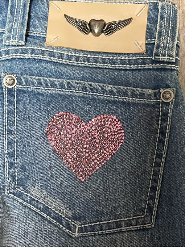 Vintage Y2K Twisted Heart Low Rise Flare Jeans Pink Rhinestone Embellished 27x35 - Image 8