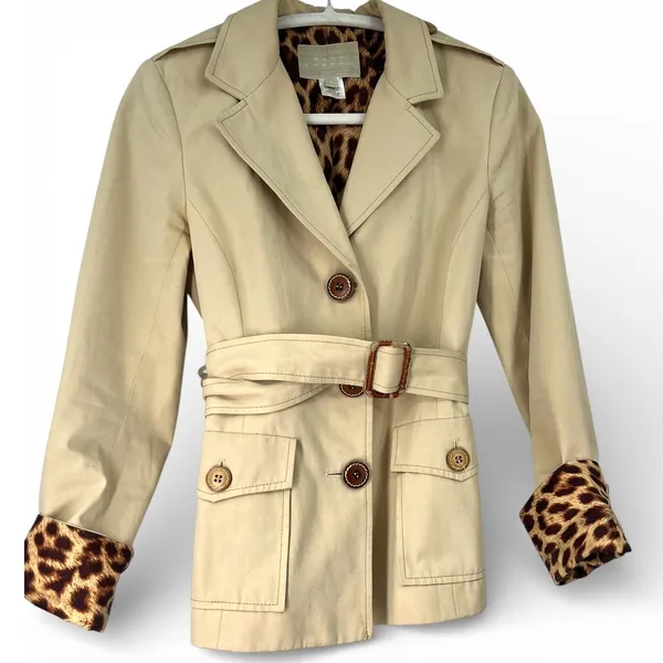 VINTAGE S 4 Jacket Cropped Trench tan belted jacket leopard leather buttons lux - Image 2