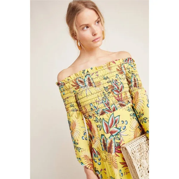 Farm Rio Bria Smocked Dress Anthropologie Size S Petite Yellow Tropical Floral - Image 2