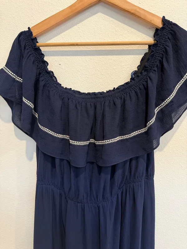 Sugarlips Navy Blue Off-Shoulder Maxi Dress with Embroidered Hem - Image 3