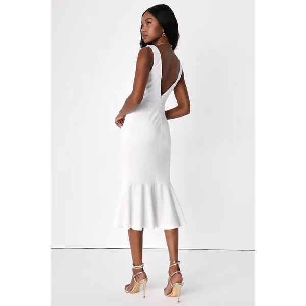 Lulus Moment Maker White Square Neck Trumpet Midi Dress Gala Banquet Size M - Image 3