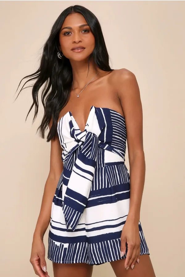 Lulus Delphi Blue & White Striped Tie-Front Strapless Romper - Size XS - Image 2