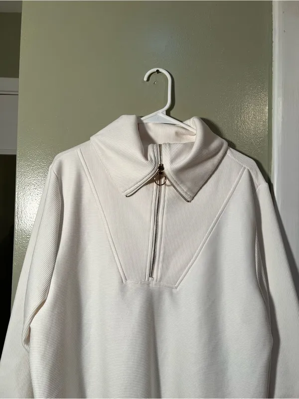 Merokeety Women's Size Large Quarter Zip V Neck Collar Ribbed Sweatshirt Cream - Image 3