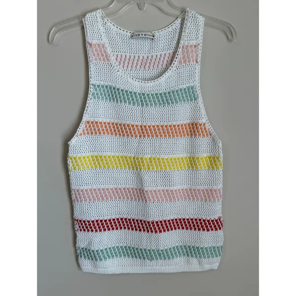 Alice + Olivia Croquet Tank Top Womens Small White Rainbow Stripe Semi Sheer - Image 2