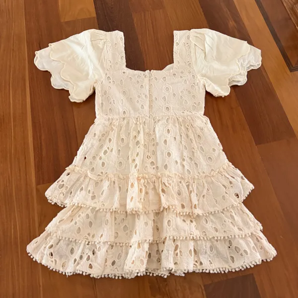 Versona Cream Eyelet Tiered Dress with Scalloped Puff Sleeves - Image 4