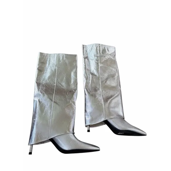 Open Edit Tall Boot in Silver Metallic Size 7.5 Stiletto Heel‎ Pointed Toe - Image 3
