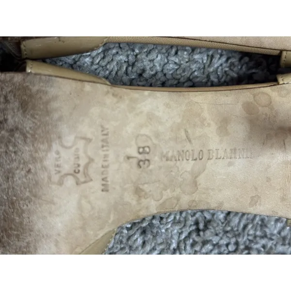 Vintage MANOLO BLAHNIK D’Orsay Nude Tan Patent Leather Peeptoe High Heels Sz 38 - Image 6