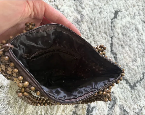 Vintage Wooden Beaded Handbag Boho Y2K Mini Purse Brown Tan - Image 4