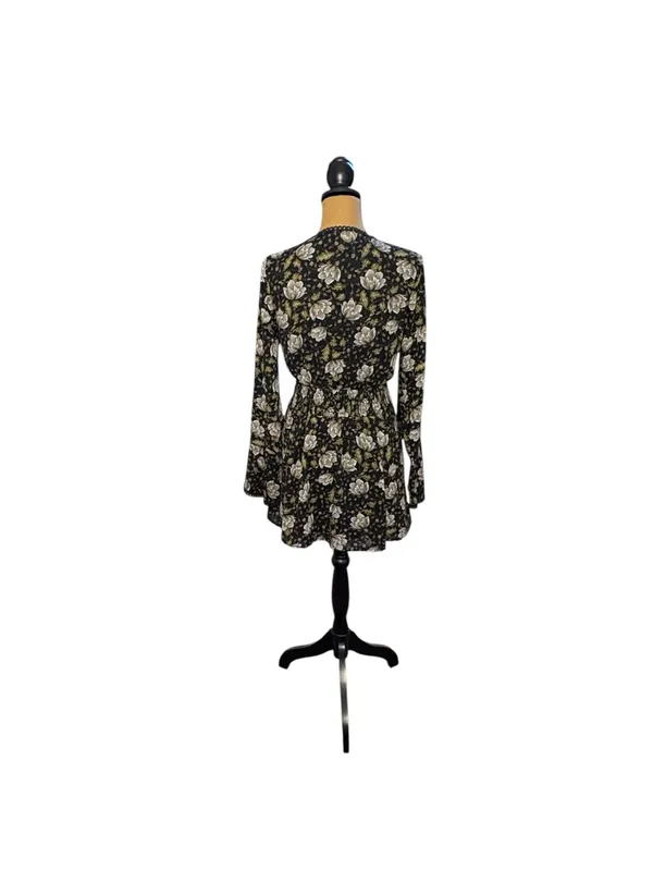 Doe & Rae Floral Mini Dress S Black Whimsigoth Bell Sleeve Smocked Boho - Image 3