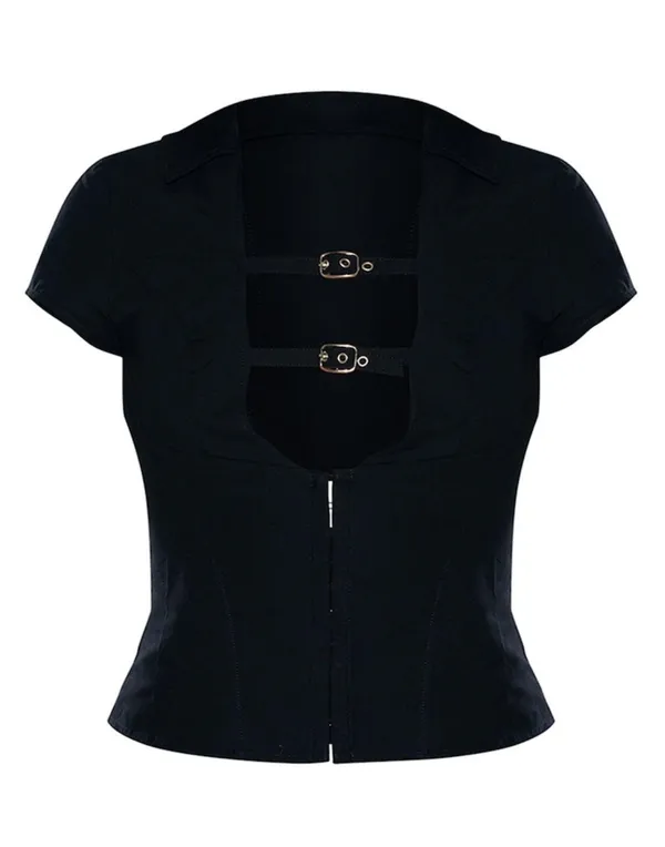 Black Plunge Buckle Detail Corset Shirt - Image 3