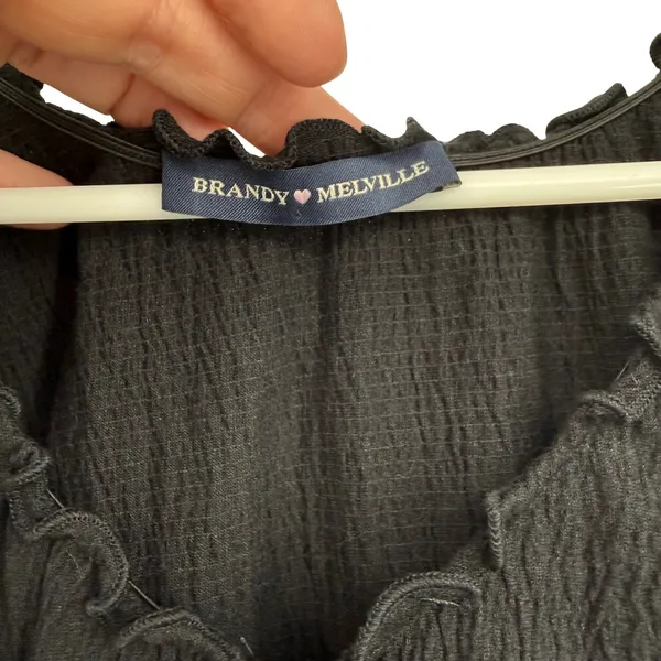 Brandy Melville Black Crinkle Ruffle‎ Tank Top Ribbon Tie OS Whimsigoth Romantic - Image 3