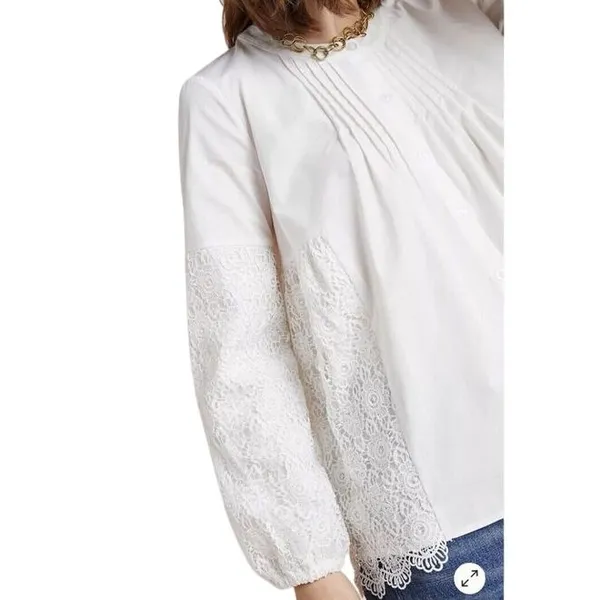 White Cotton Blouse with Floral‎ Lace Bell Sleeve Romantic Victorian Style Top - Image 8