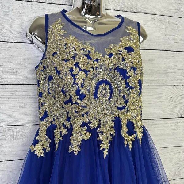 Tulle Prom Homecoming‎ Dress Blue & Gold High Neck Tank Above Knee Length Size 4 - Image 3