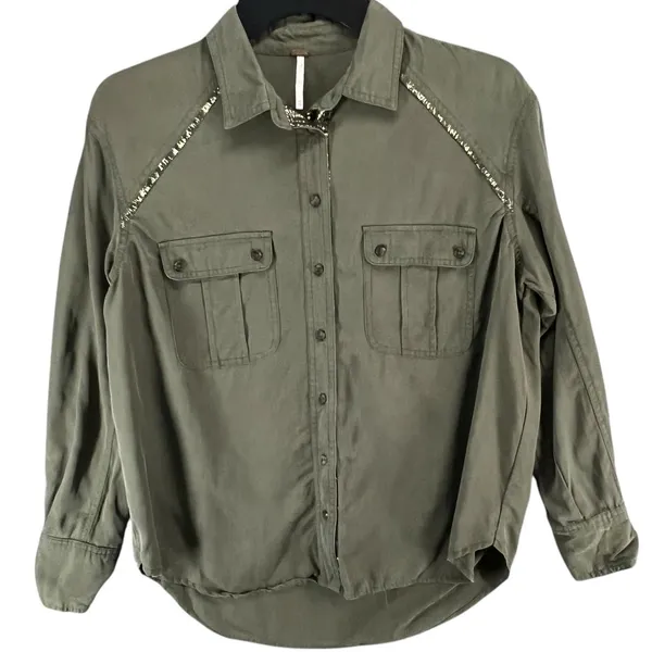 Free People Off Campus Shirt Womens XS Moss‎ Green Tencel Metallic Boho Utility - Image 2
