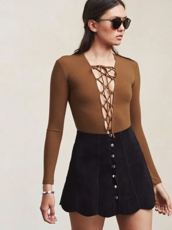 Reformation Avalon Lace Up Cocoa Bodysuit - Image 10