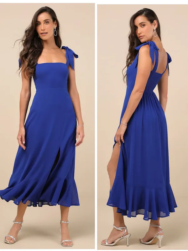 Lulus Summer Invite Royal Blue Tie-Strap Tiered Midi Dress Size XS Feminine - Image 2