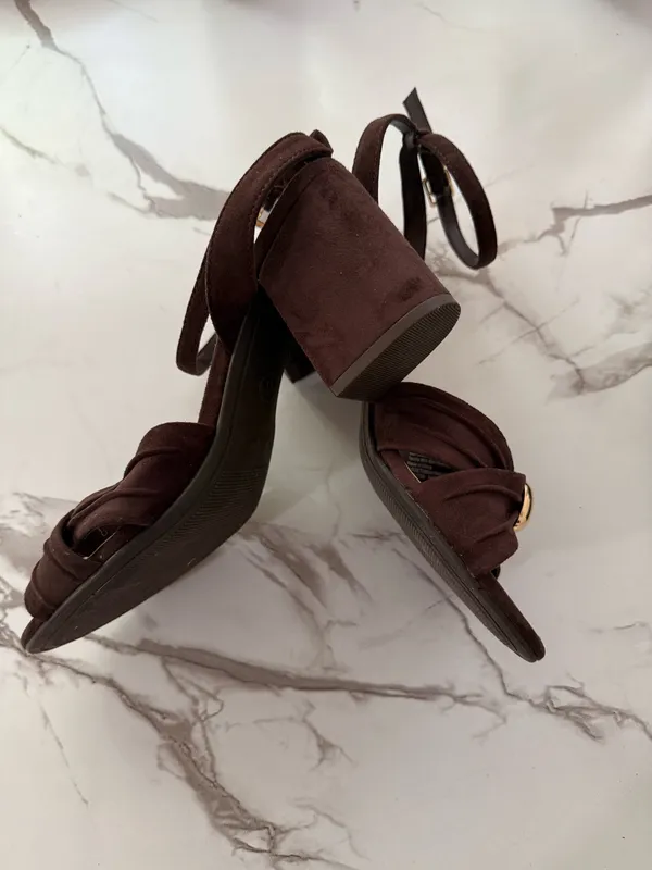 Women’s Dark Brown Faux Suede Block Heel Sandals – Ruched Toe Strap Ankle Buckle Heels - Image 2
