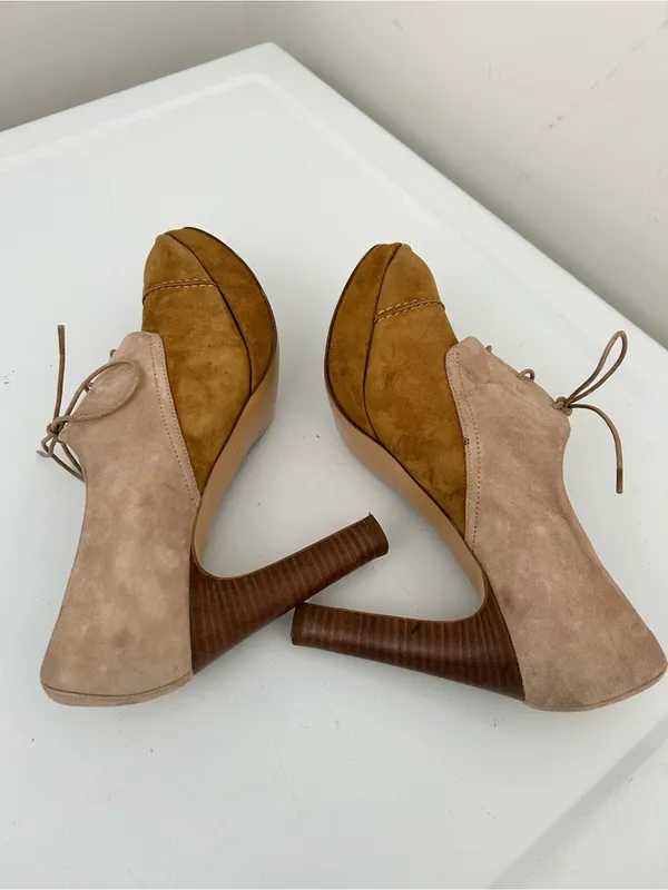 J Crew Peep Toe Suede Oxford Heels Tan Camel Two Tone Size 8 - Image 8