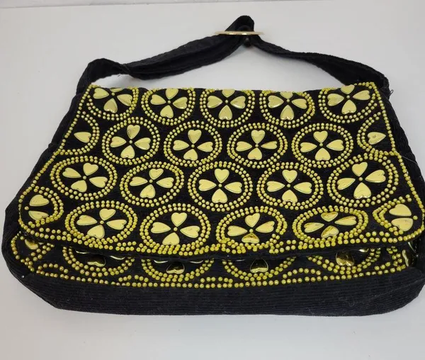 Vintage Retro Womens Bag Black Gold Beaded Studded Corduroy Purse Hong Kong - Image 13