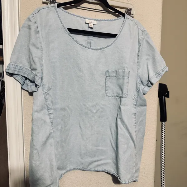 J. Jill Womens Denim Shirt sz‎ XL Chambray Tencel Lyocell Short Sleeve Top - Image 2
