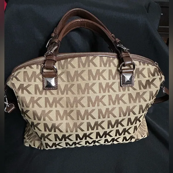 Michael Kors Calista Brown & Tan Logo Satchel Bag Purse - Image 2
