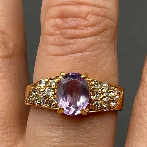 Purple Clear Rhinestone 14k Gold Electroplate Cocktail Ring Size 9 - Image 6