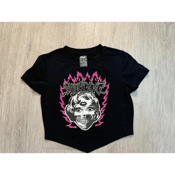 SWIXXZ Face Collage Black Crop T-Shirt Pink Flame Goth Y2K Size M - Image 4